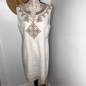 Charter Club 12P Linen sleeveless rounded collar scroll embroidered lined sheath